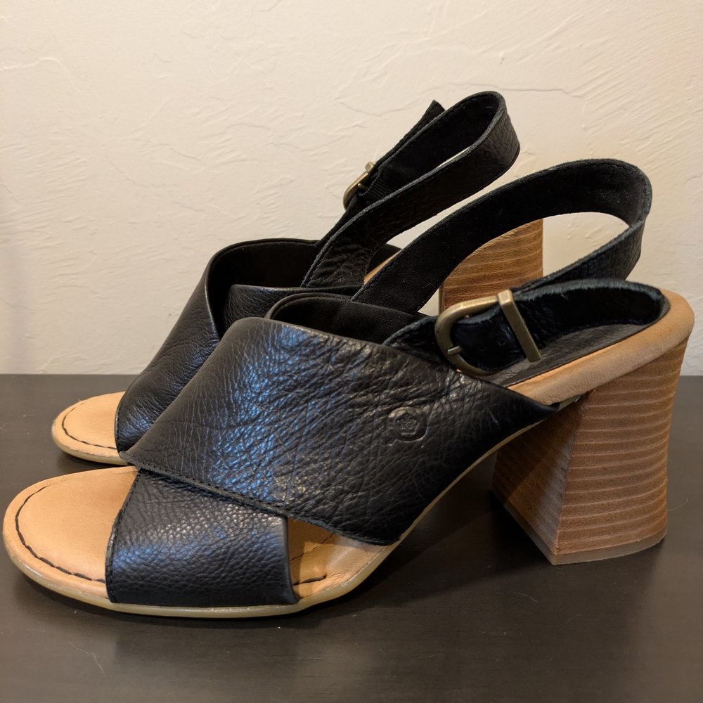 Born Tessa Final Sandal Leather Upper 3" Stacked Heel, X & Sling Back Strap